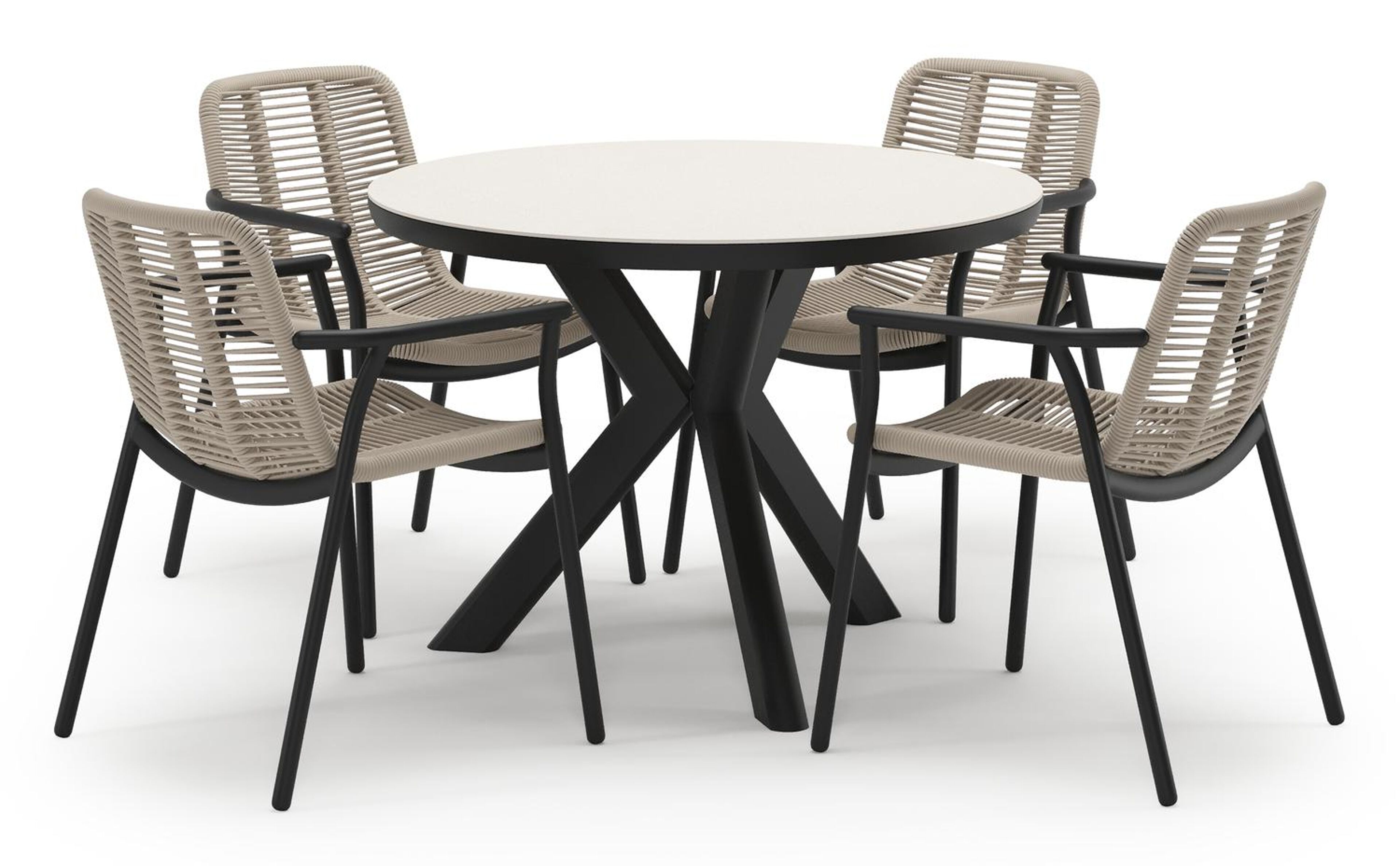 Pamplona tuinset in zwart aluminium en crema minerale sintered stone met 4 stapelbare Berga tuinstoelen