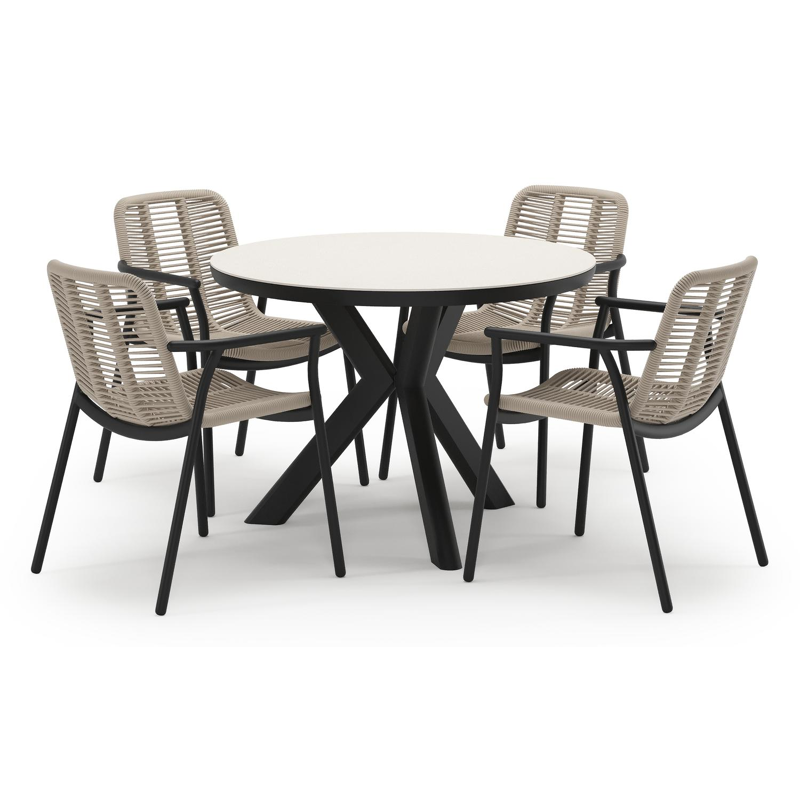Pamplona tuinset in zwart aluminium en crema minerale sintered stone met 4 stapelbare Berga tuinstoelen