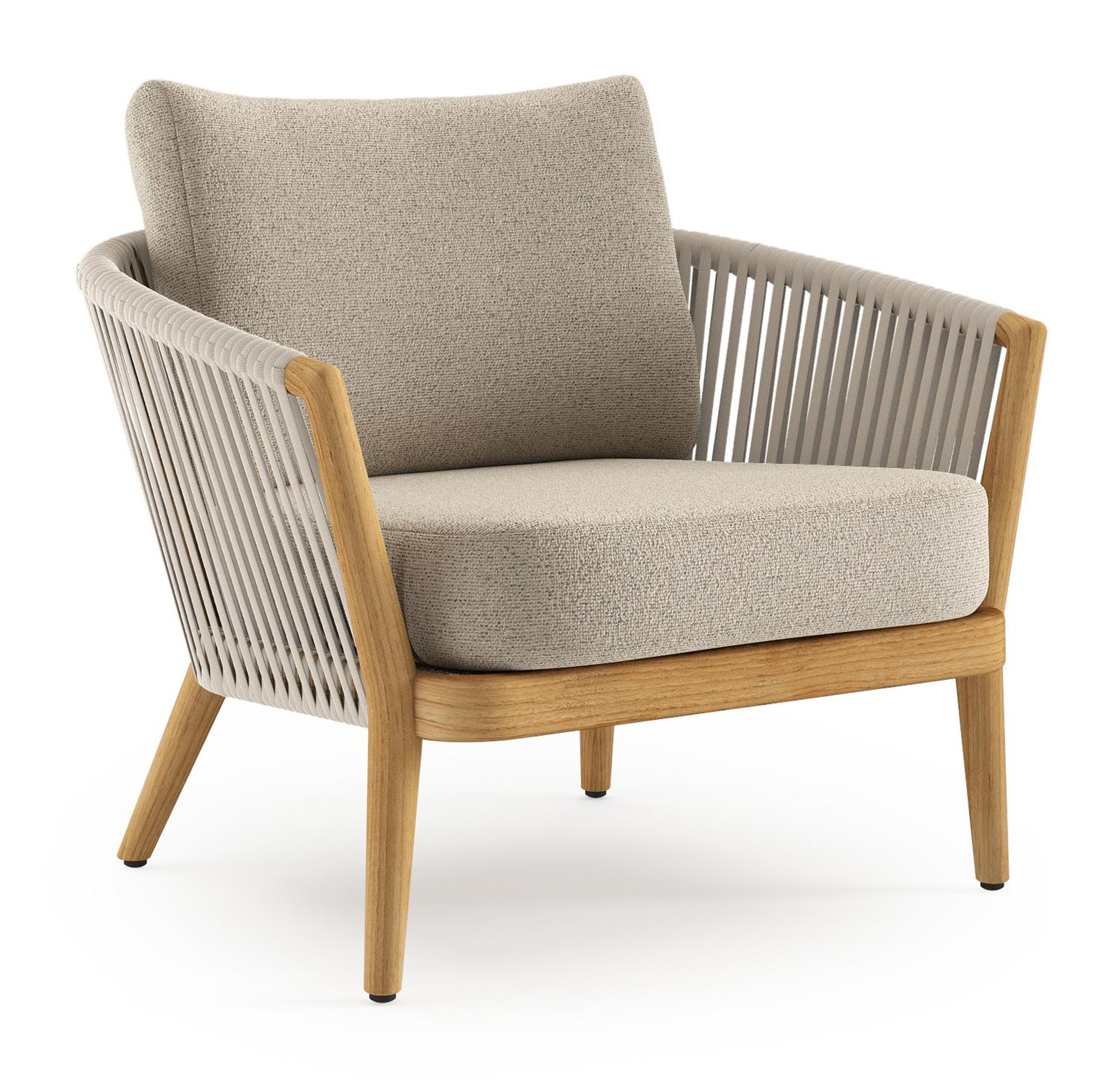 Orso loungestoel in teak en beige verticaal geweven luxe vlakke rope met Marbella Beige all weather cosytica kussen