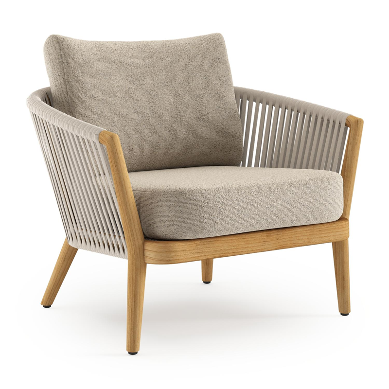 Orso loungestoel in teak en beige verticaal geweven luxe vlakke rope met Marbella Beige all weather cosytica kussen