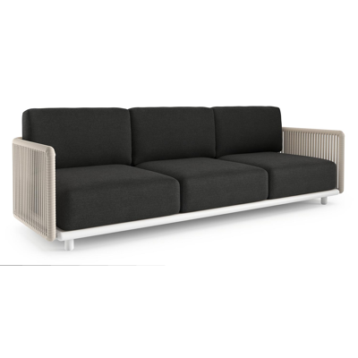 Organo loungebank in wit aluminium en beige verticaal geweven luxe vlakke rope met chartres sooty all weather Sunbrella® luxe kussen
