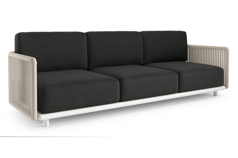 Organo loungebank in wit aluminium en beige verticaal geweven luxe vlakke rope met chartres sooty all weather Sunbrella® luxe kussen