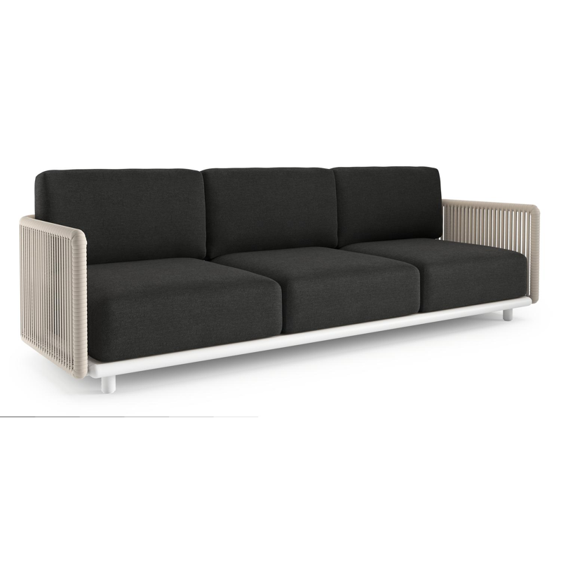 Organo loungebank in wit aluminium en beige verticaal geweven luxe vlakke rope met chartres sooty all weather Sunbrella® luxe kussen