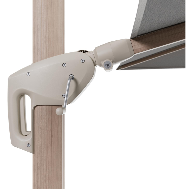 Minore zweefparasol met tiltfunctie in houtlook aluminium en Savane Nimbus All Weather Sunbrella® Luxe parasoldoek - L1: 280 x L2: 370 cm (zonder voet)