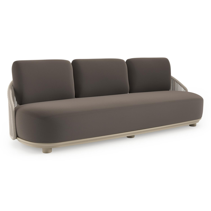 Canapé de jardin Vadelo en aluminium beige et corde ronde tissée verticalement beige et coussins en all weather sunbrella® luxe natte nature grey