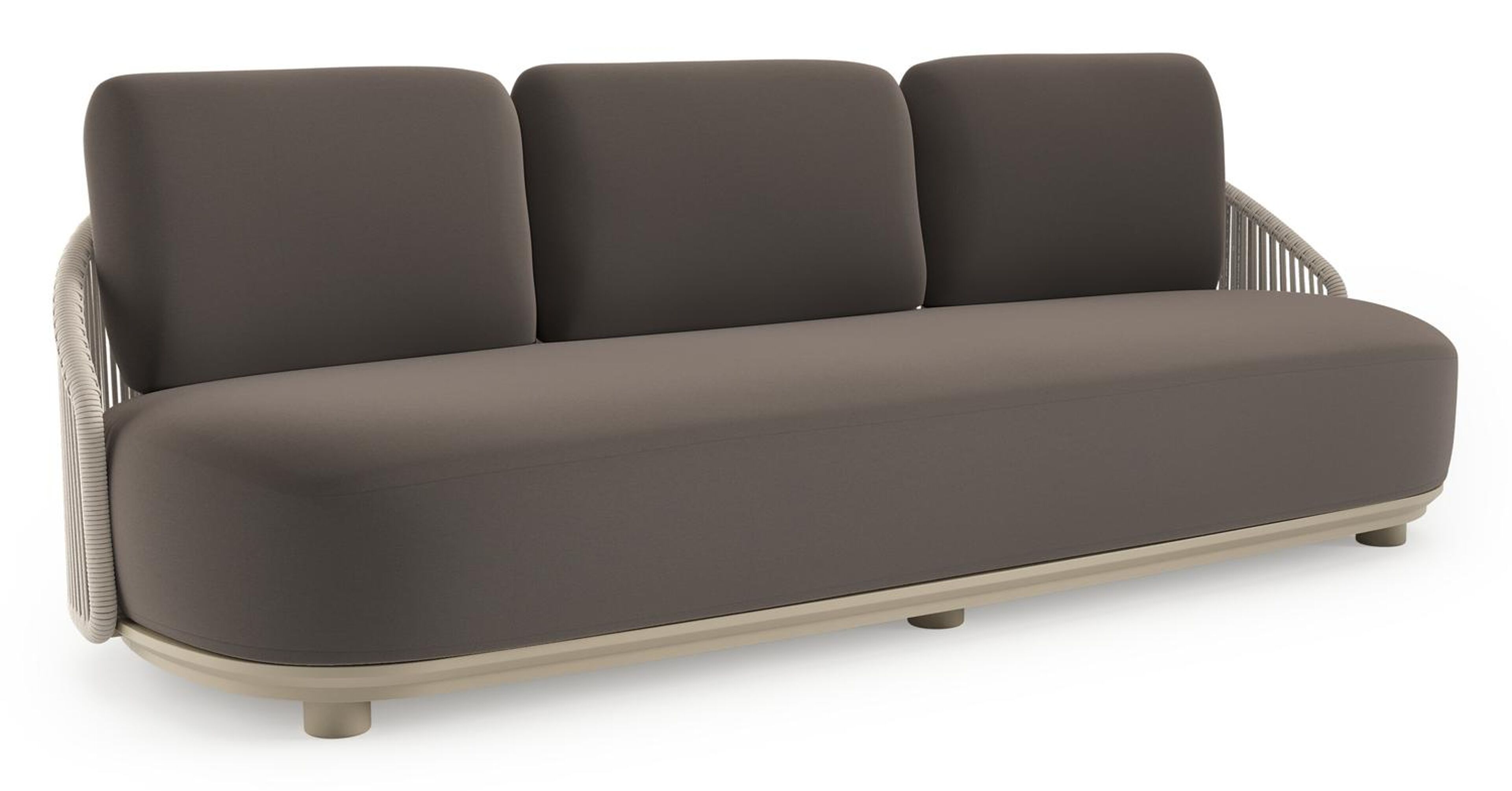 Canapé de jardin Vadelo en aluminium beige et corde ronde tissée verticalement beige et coussins en all weather sunbrella® luxe natte nature grey