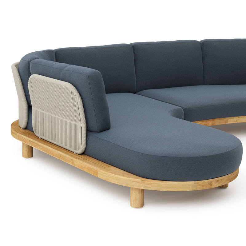 Donato loungehoek in teak en beige verticaal geweven ronde rope met all weather sunbrella® luxe Heritage Indigo kussen