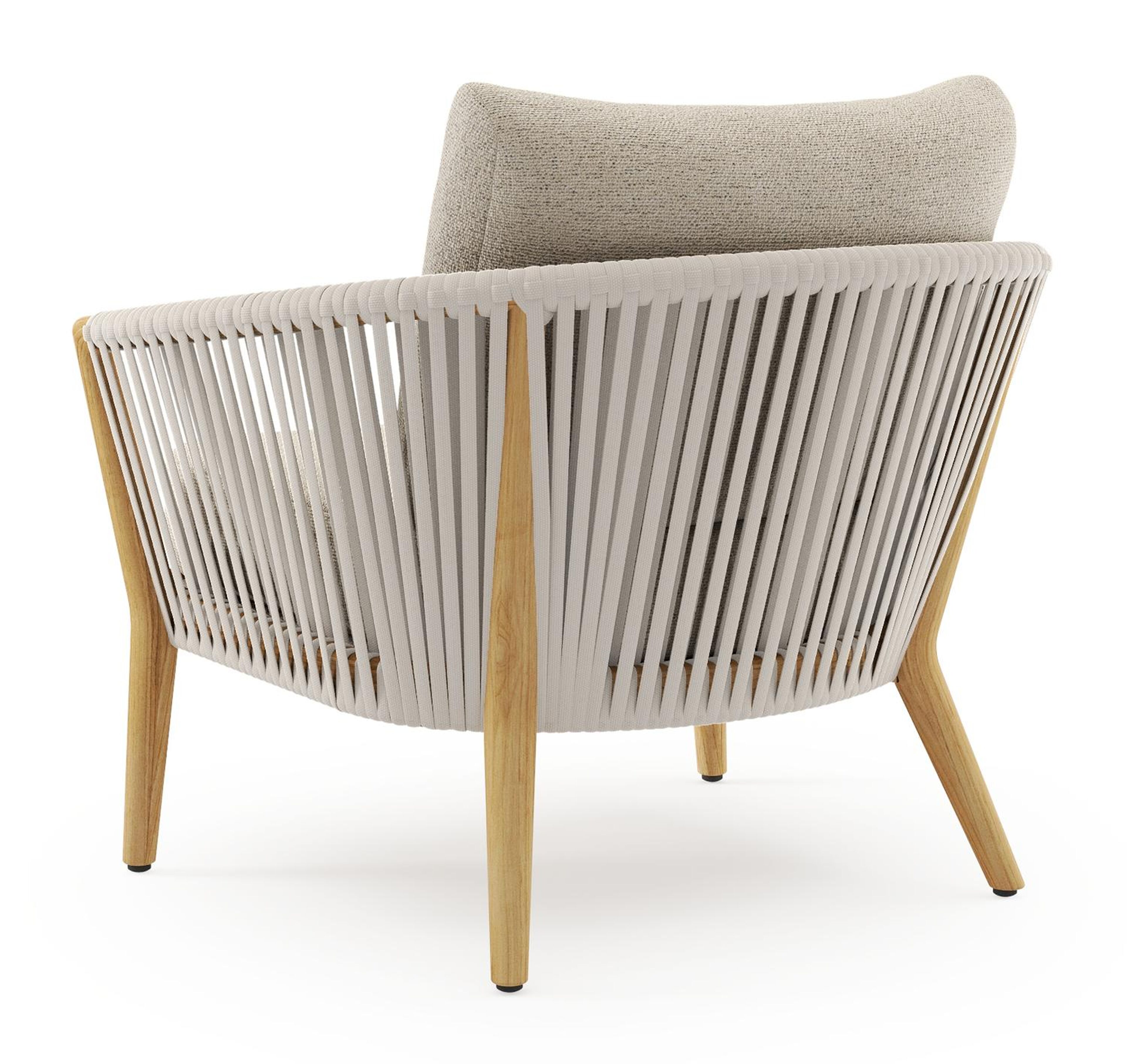 Orso loungestoel in teak en beige verticaal geweven luxe vlakke rope met Marbella Beige all weather cosytica kussen