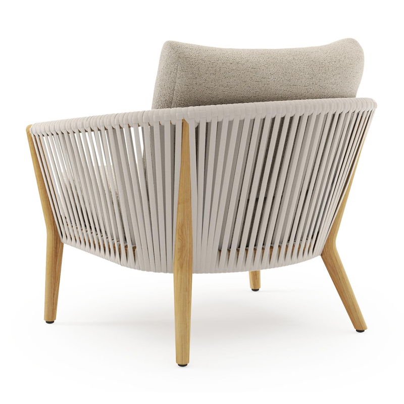 Orso loungestoel in teak en beige verticaal geweven luxe vlakke rope met Marbella Beige all weather cosytica kussen