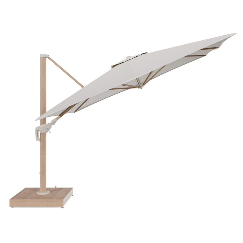 Minore zweefparasol met tiltfunctie in houtlook aluminium en Lopi Marble All Weather Sunbrella® Luxe parasoldoek - L1: 350 x L2: 350 cm met parasolvoet Minore 260 kg met wielen