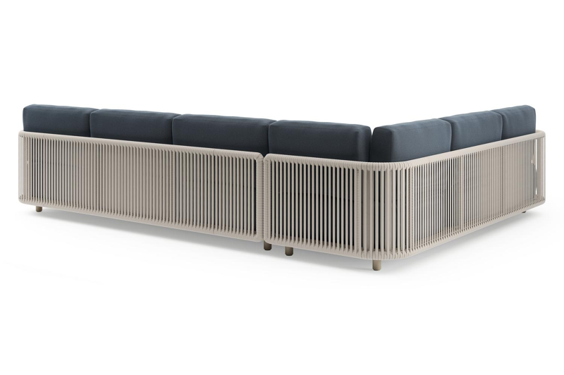 Salon de jardin d'angle Organo en aluminium beige et corde luxe plate tissée verticalement beige et coussin en all weather Sunbrella® luxe heritage indigo