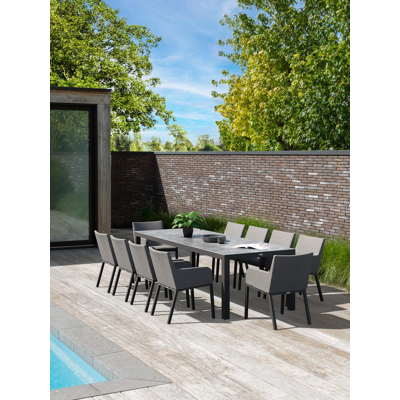 Varese tuinset in zwart aluminium en grijs keramisch glas tafelblad met 10 Rivo tuinstoelen