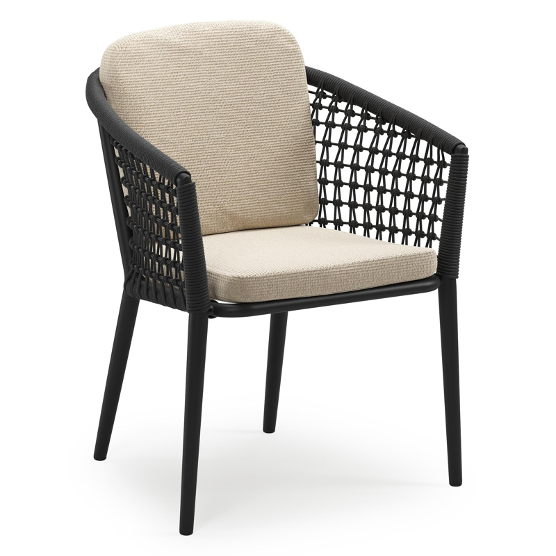 Chaise de jardin empilable Orso en aluminium noir et corde ronde tissée résille noir avec coussin en All Weather Cosytica Althea Chalk