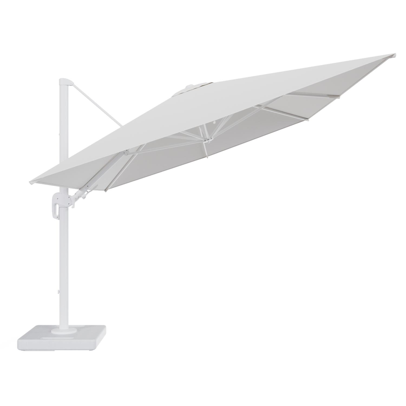 Rufina zweefparasol tiltfunctie in wit aluminium en parasoldoek in All Weather Solica Soul Optik - L1 400 x L2 300 cm met parasolvoet Lapido 160 kg