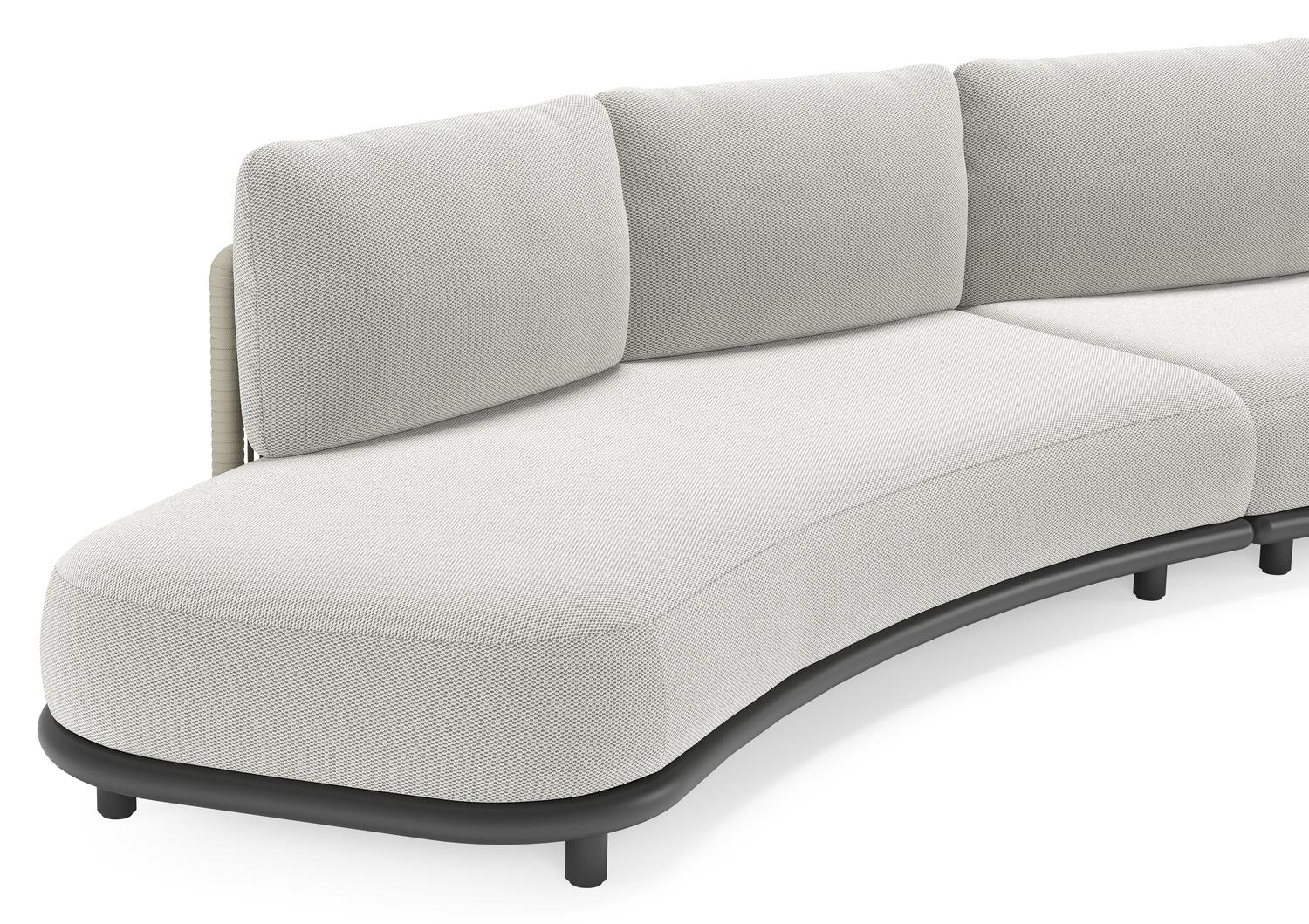 Salon de jardin d'angle Lomano en aluminium noir et corde luxe plate tissée verticalement beige et coussins en all weather sunbrella® luxe Lopi Ash