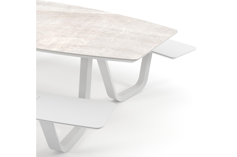 Table de pique-nique Forno forme de bateau en aluminium blanc et céramique pleine Taj Mahal - Lg. 240 x Lrg. 181 x Haut. 72 cm