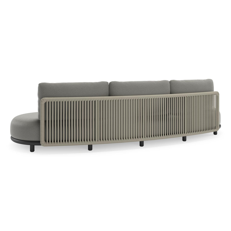 Canapé de jardin Lomano en aluminium noir et corde luxe plate tissée verticalement beige et coussins en all weather sunbrella® luxe Savane Zinc