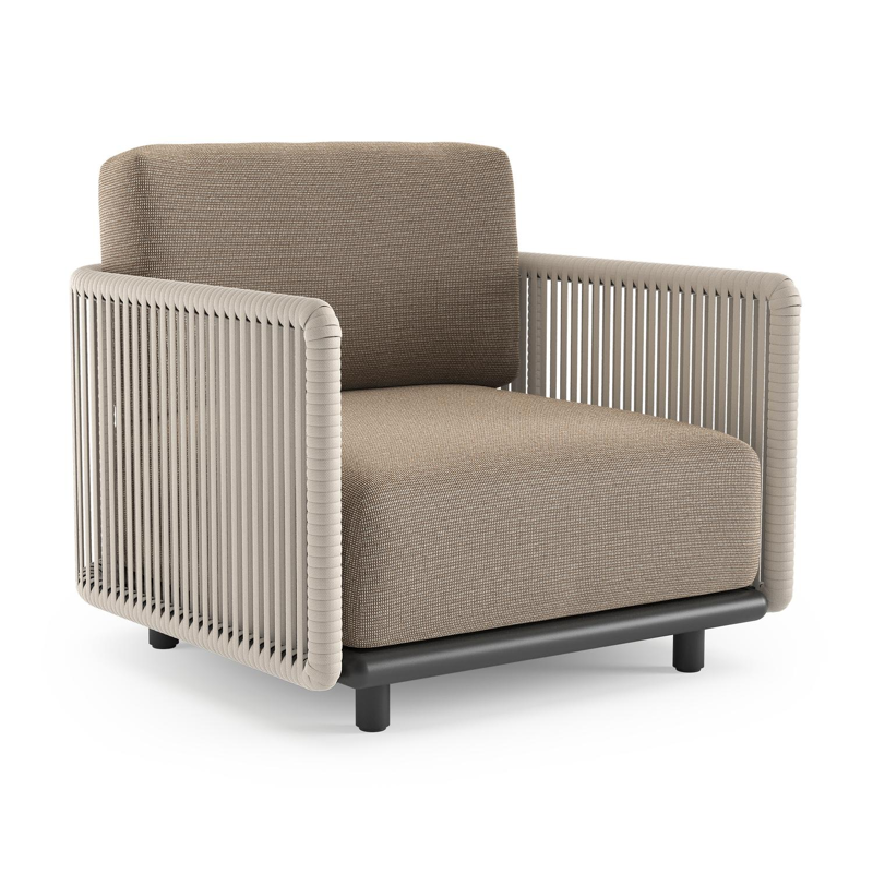 Organo loungestoel in zwart aluminium en beige verticaal geweven luxe vlakke rope met firenze earth all weather Solica kussen