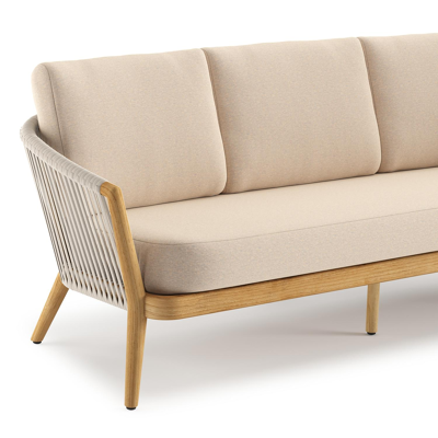 Orso loungebank in teak en beige verticaal geweven luxe vlakke rope met Heritage Papyrus all weather sunbrella® luxe kussen