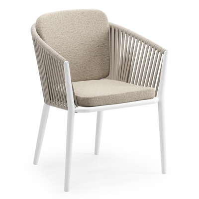 Orso tuinstoel in wit aluminium en beige verticaal geweven vlakke rope met zitkussen in All Weather Cosytica Marbella Beige