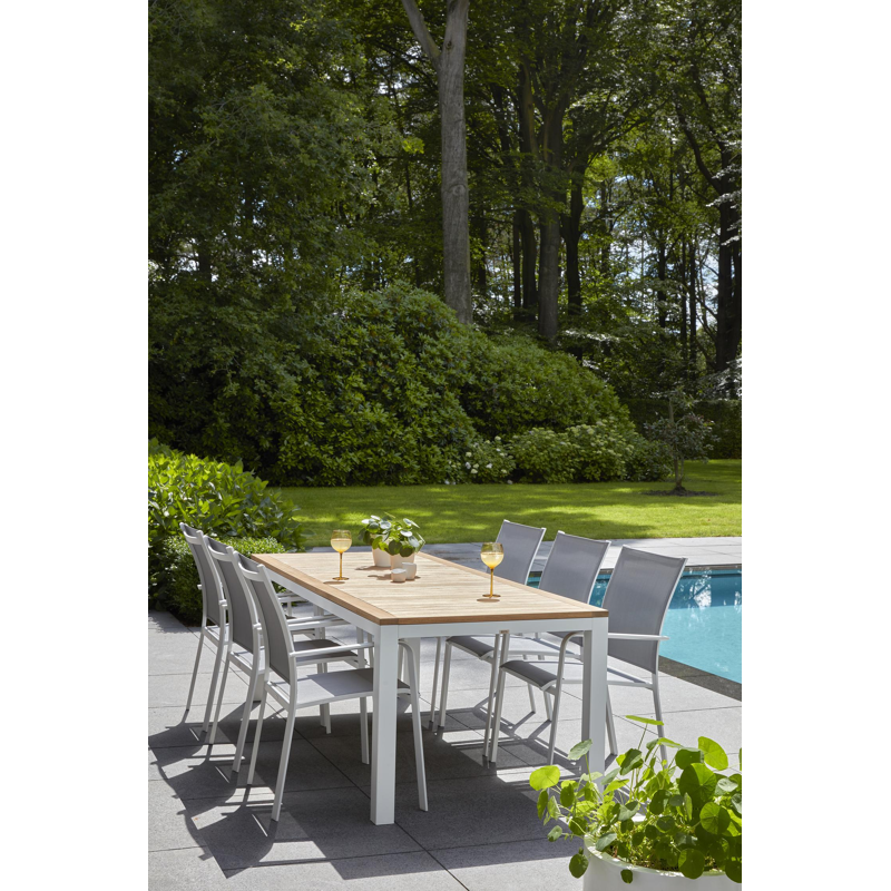 Calobra stapelbare tuinstoel in wit aluminium en grijs textilene