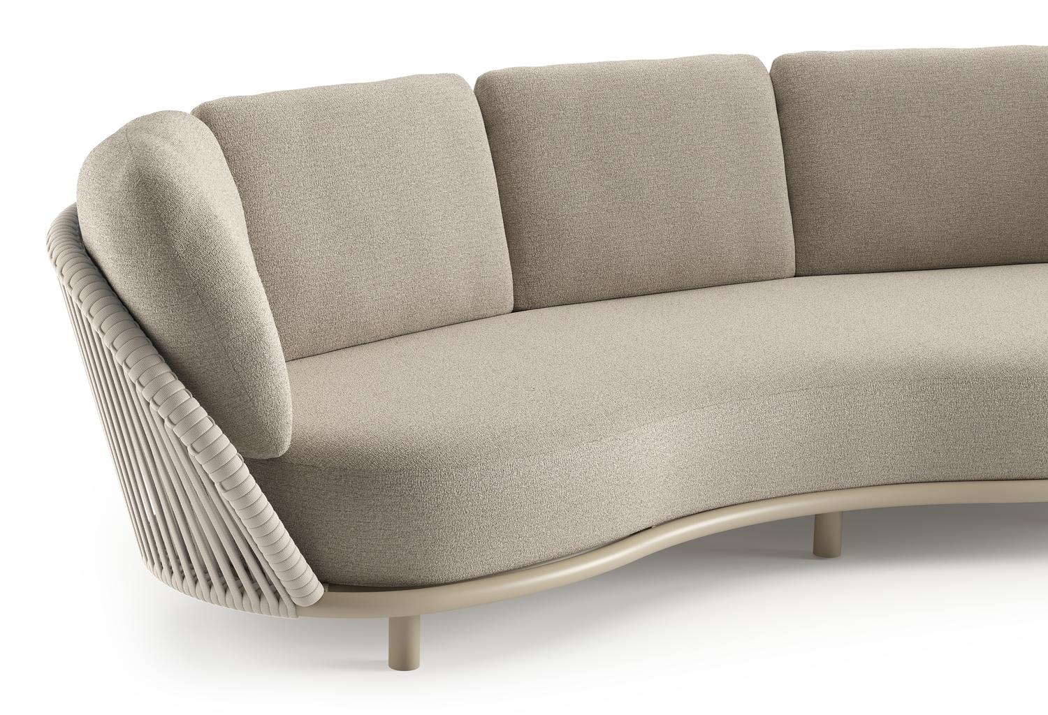 Lupino loungebank in beige aluminium en beige verticaal geweven luxe vlakke brede rope met catania sand all weather cosytica kussen