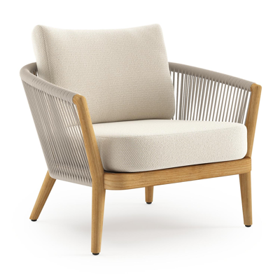 Orso loungestoel in teak en beige verticaal geweven ronde rope met Althea Off White all weather cosytica kussen