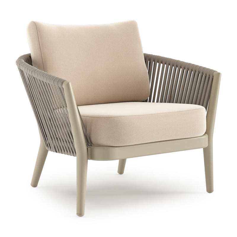 Orso loungestoel in beige aluminium en beige verticaal geweven ronde rope met Natte Linen Chalk all weather sunbrella® luxe kussen