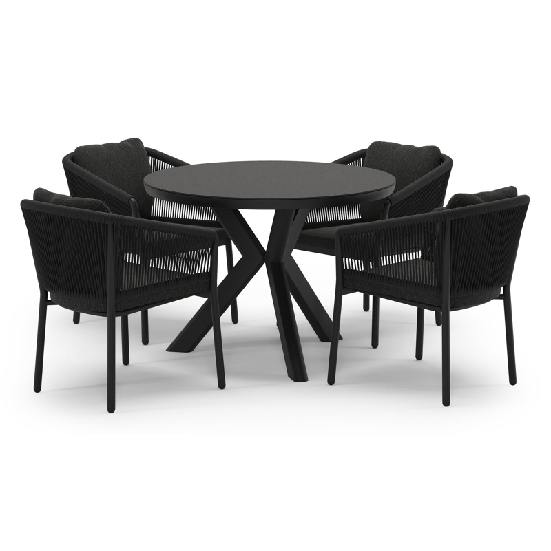 Pamplona tuinset in zwart aluminium en notte minerale sintered stone met 4 Gerona tuinstoelen