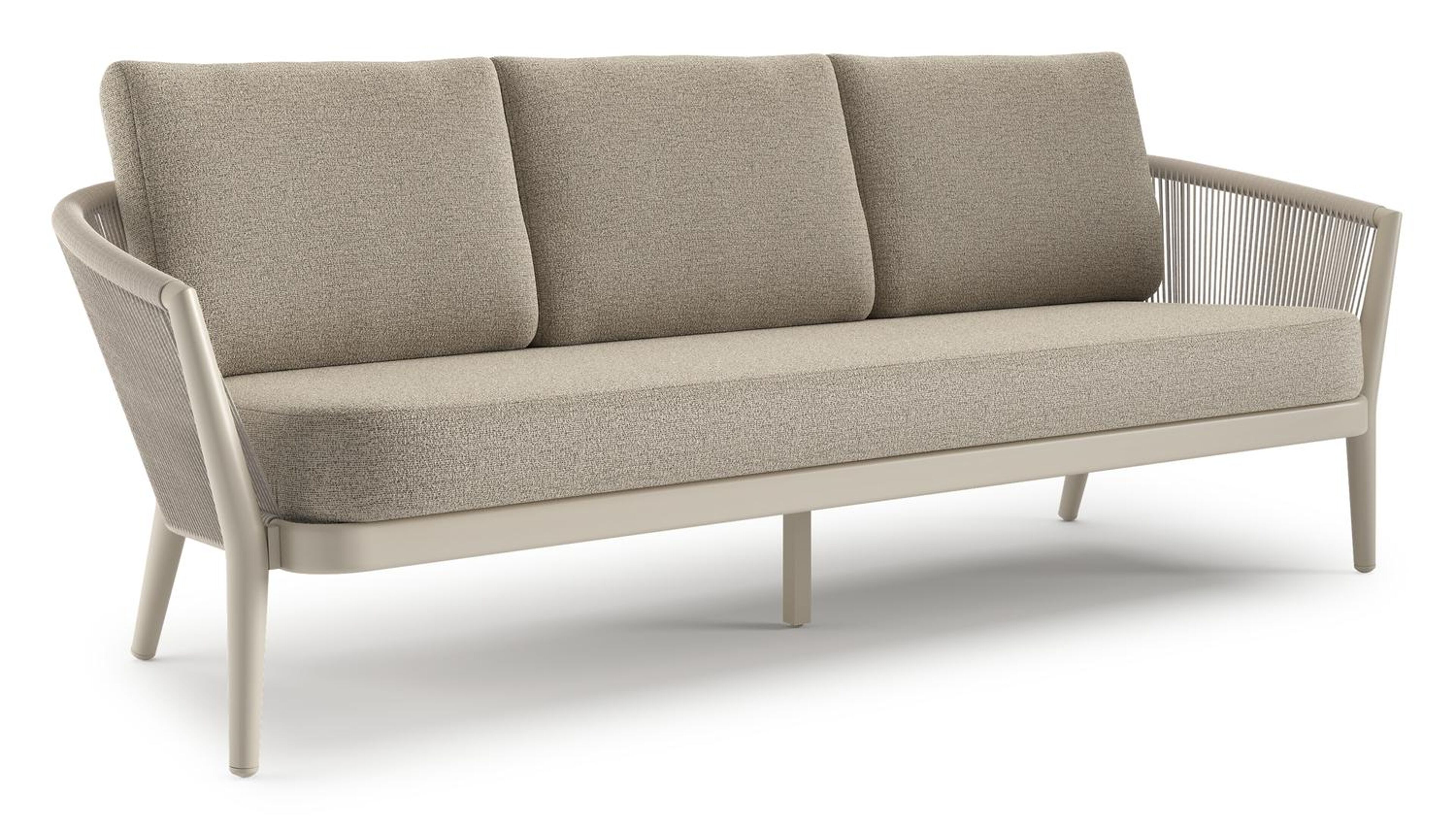 Orso loungebank in beige aluminium en beige verticaal geweven ronde rope met Catania Beige all weather cosytica kussen