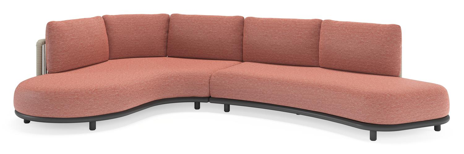 Salon de jardin d'angle Lomano en aluminium noir et corde luxe plate tissée verticalement beige et coussins en all weather sunbrella® luxe Slow Alezan