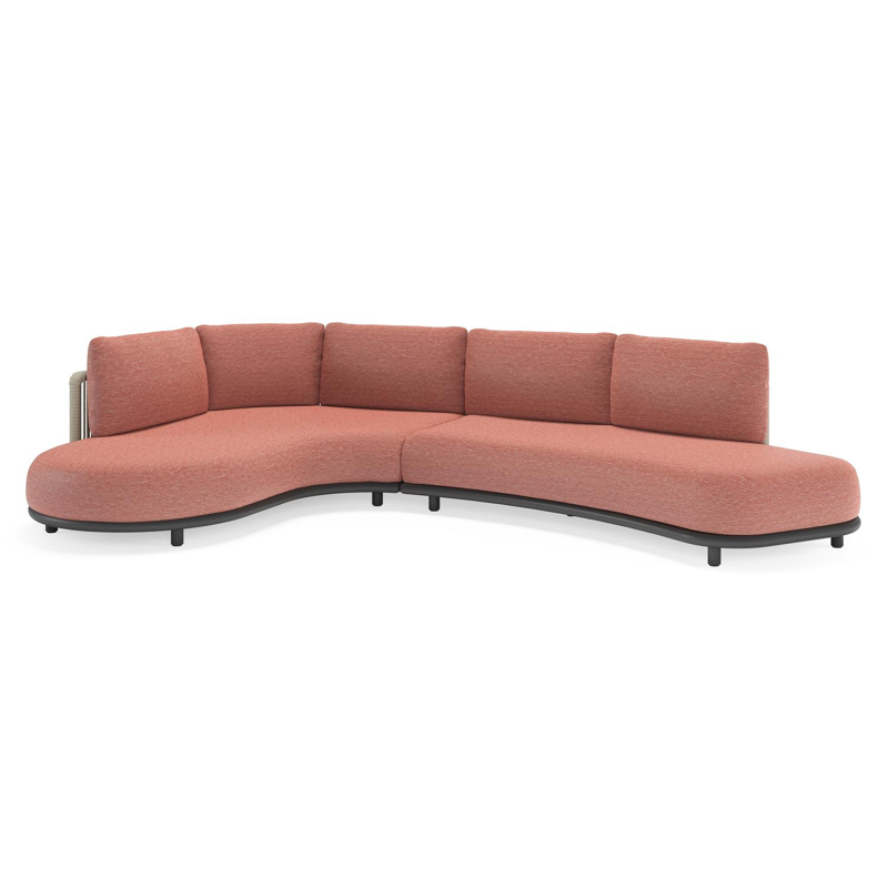 Salon de jardin d'angle Lomano en aluminium noir et corde luxe plate tissée verticalement beige et coussins en all weather sunbrella® luxe Slow Alezan