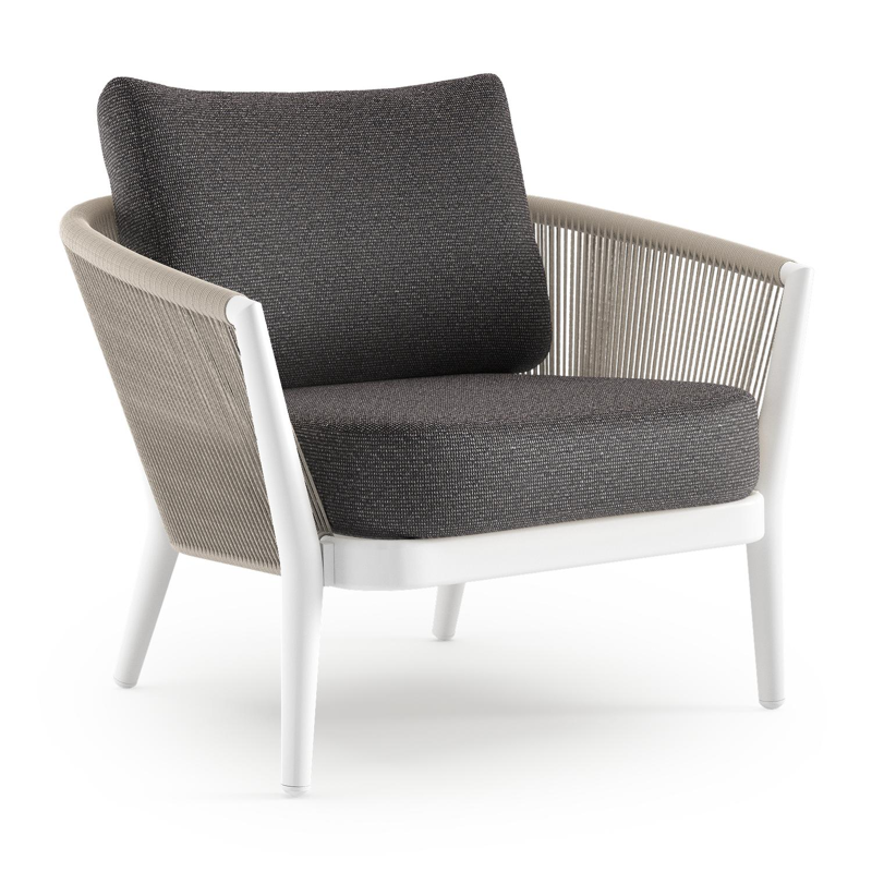 Fauteuil de jardin Orso en aluminium blanc en corde ronde tissée verticalement beige et coussins en all weather solica Firenze Tunder