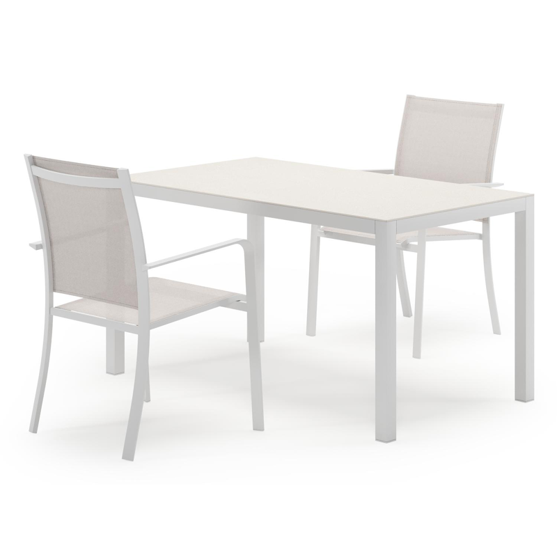 Feltro tuinset in wit aluminium en sintered stone Crema minerale met 2 Calobra tuinstoelen