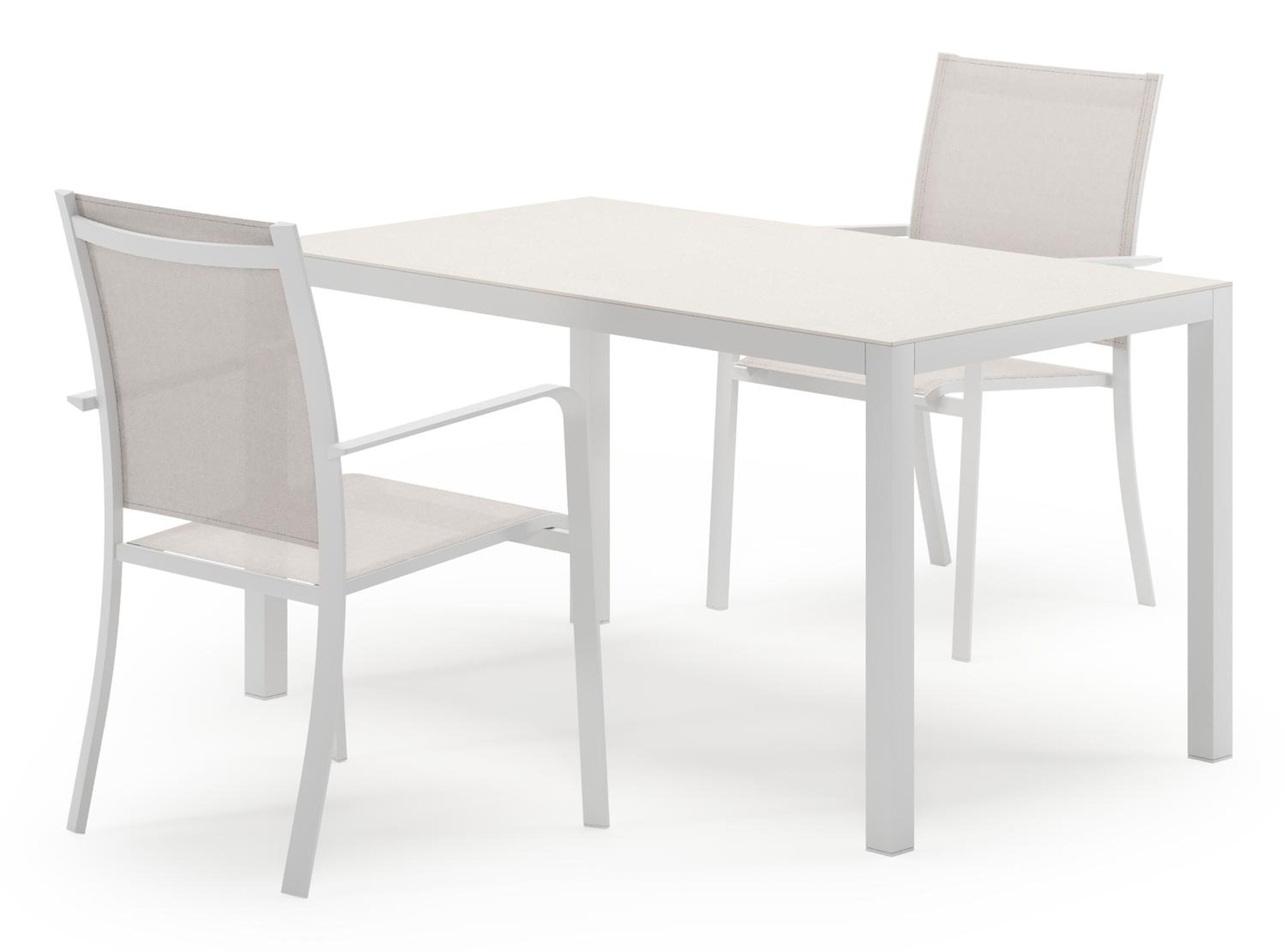 Feltro tuinset in wit aluminium en sintered stone Crema minerale met 2 Calobra tuinstoelen