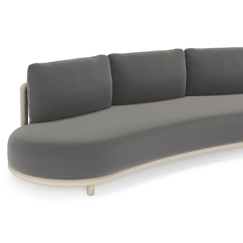 Lomano loungebank in beige aluminium en beige verticaal geweven luxe vlakke rope met Natte Charcoal Chine all weather sunbrellaÂ® luxe