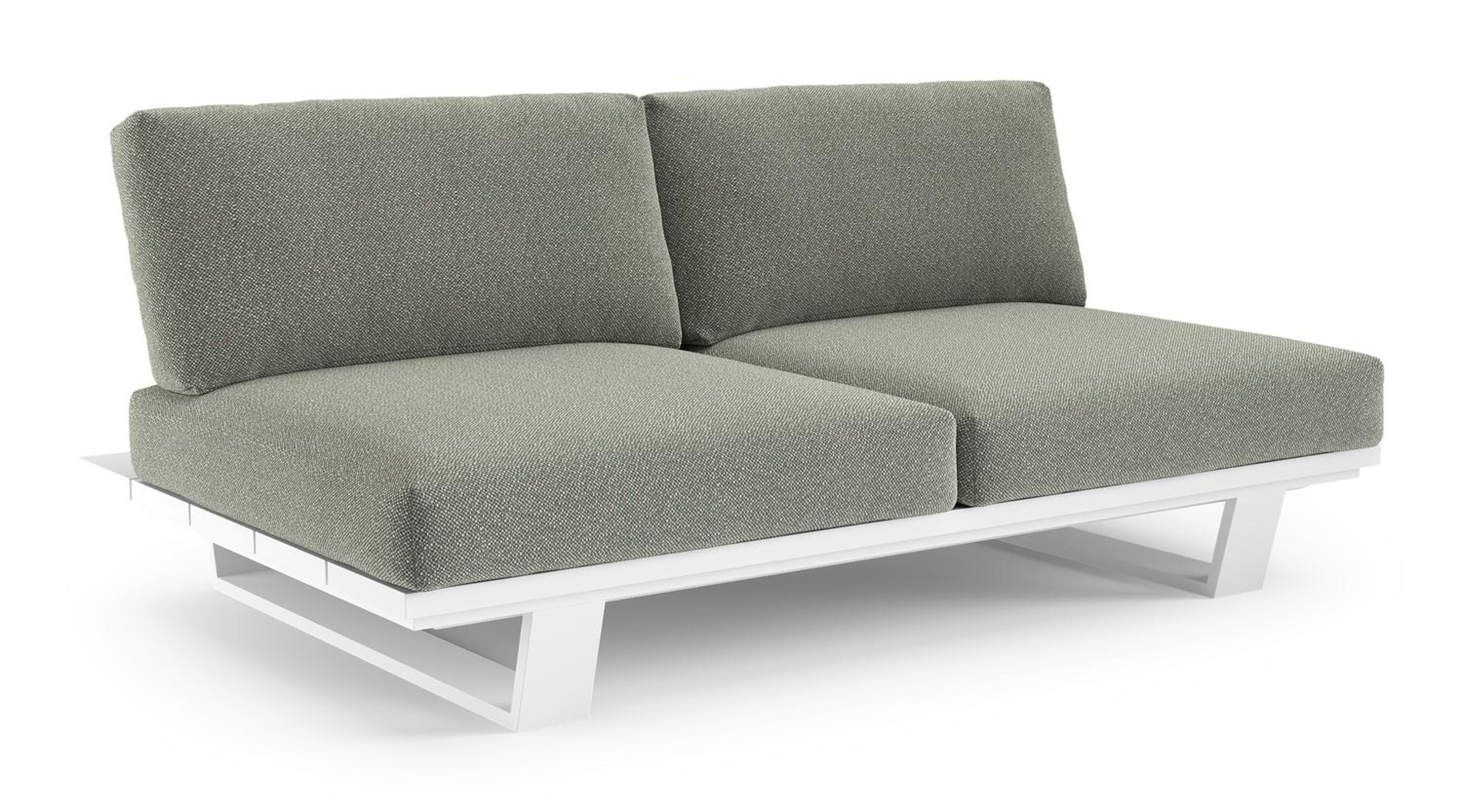 Canapé de jardin Pagino en aluminium blanc et coussins en all weather sunbrella® luxe savane leaf