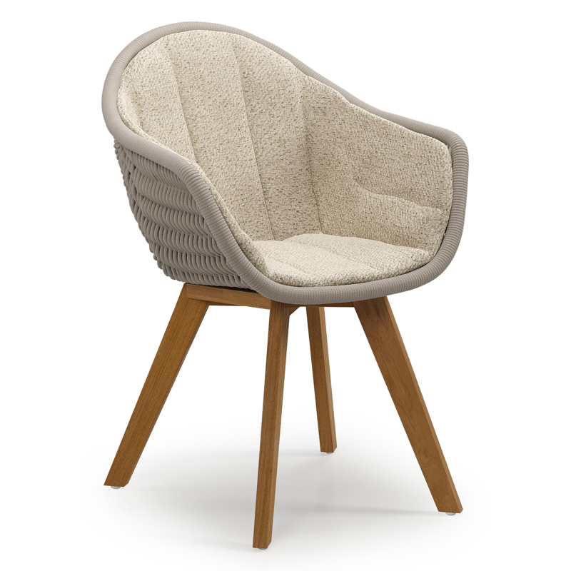 Pagino tuinstoel in teak en beige verticaal geweven ronde rope met zitkussen in All Weather Cosytica Bora Forest