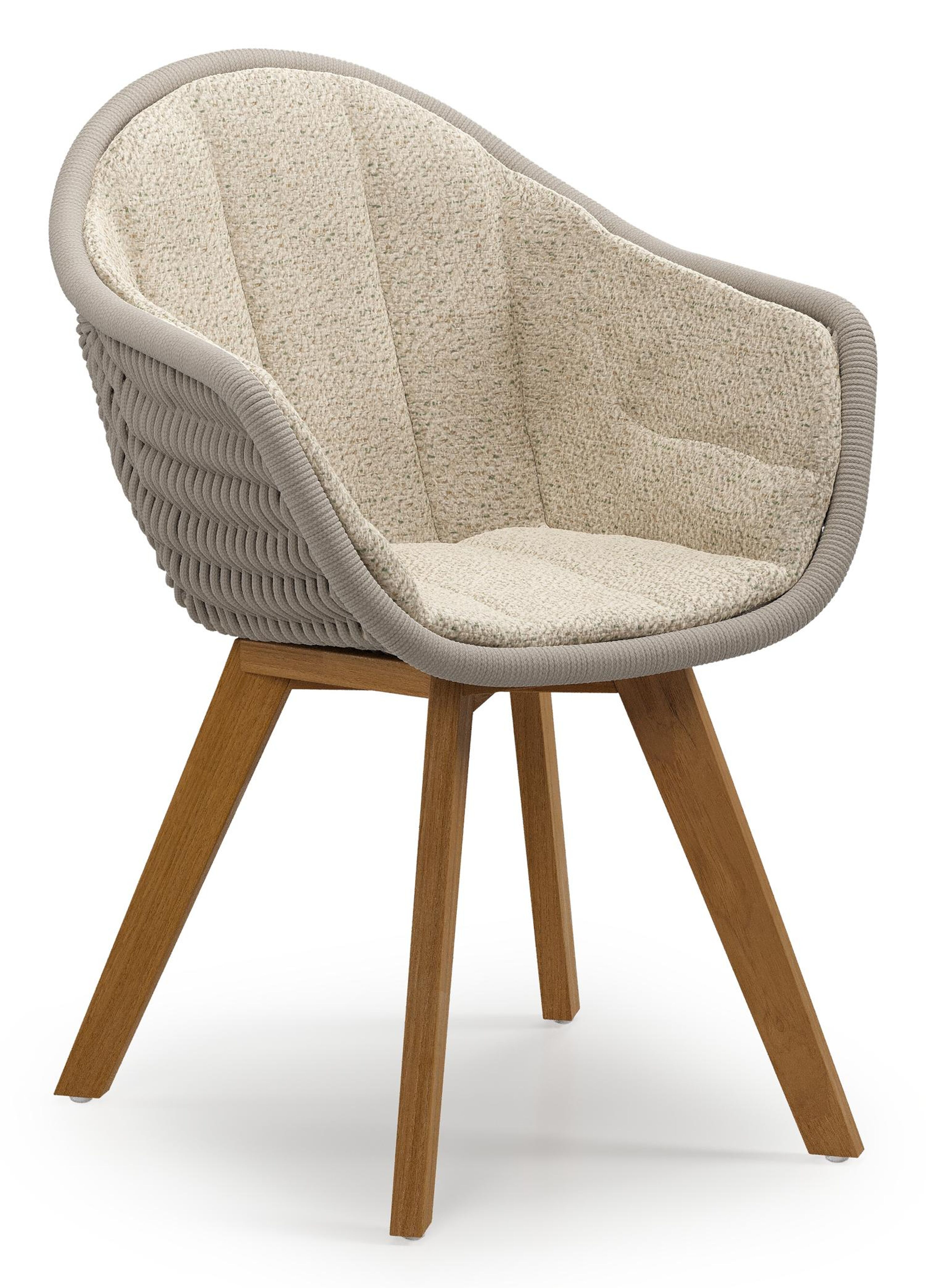 Chaise de jardin Pagino en teck naturel et corde ronde tissée verticalement beige avec coussin en All Weather Cosytica Bora Forest