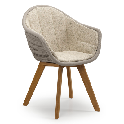 Chaise de jardin Pagino en teck naturel et corde ronde tissée verticalement beige avec coussin en All Weather Cosytica Bora Forest