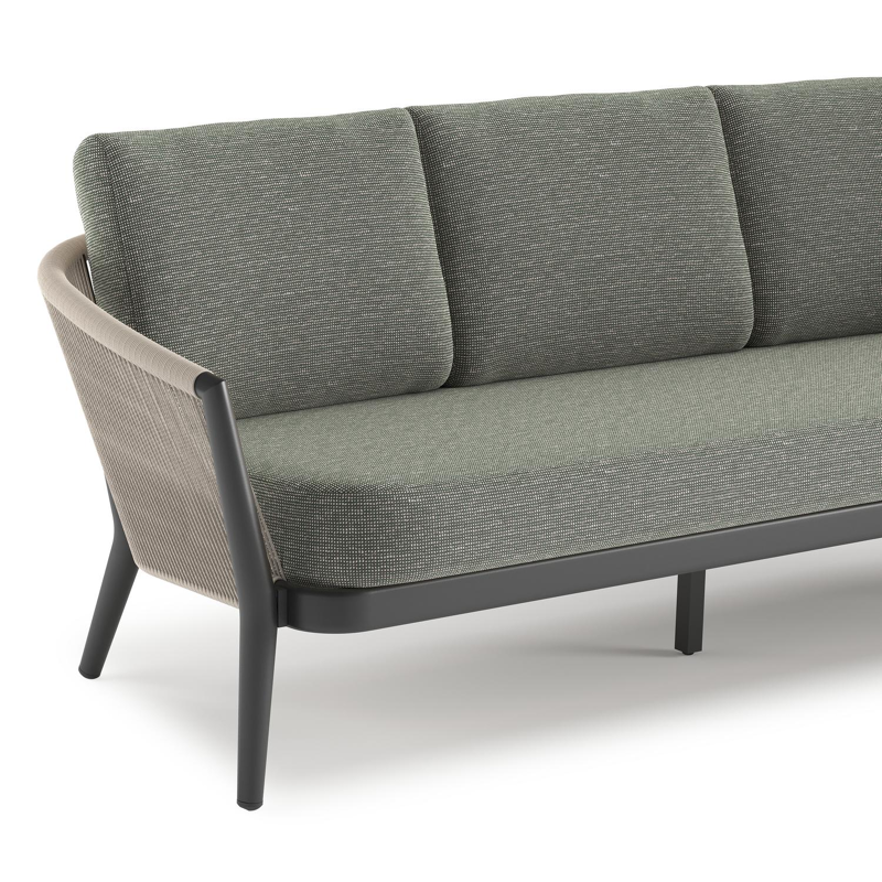 Orso loungeset in zwart aluminium en beige verticaal geweven ronde rope met Slow Fern all weather sunbrella® luxe kussen