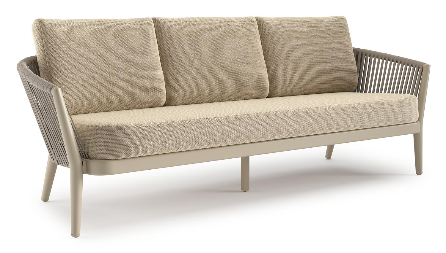 Orso loungebank in beige aluminium en beige verticaal geweven ronde rope met Althea Camel all weather cosytica kussen