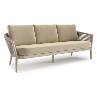 Orso loungebank in beige aluminium en beige verticaal geweven ronde rope met Althea Camel all weather cosytica kussen