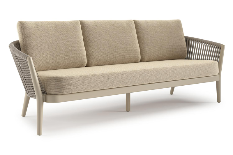 Orso loungebank in beige aluminium en beige verticaal geweven ronde rope met Althea Camel all weather cosytica kussen