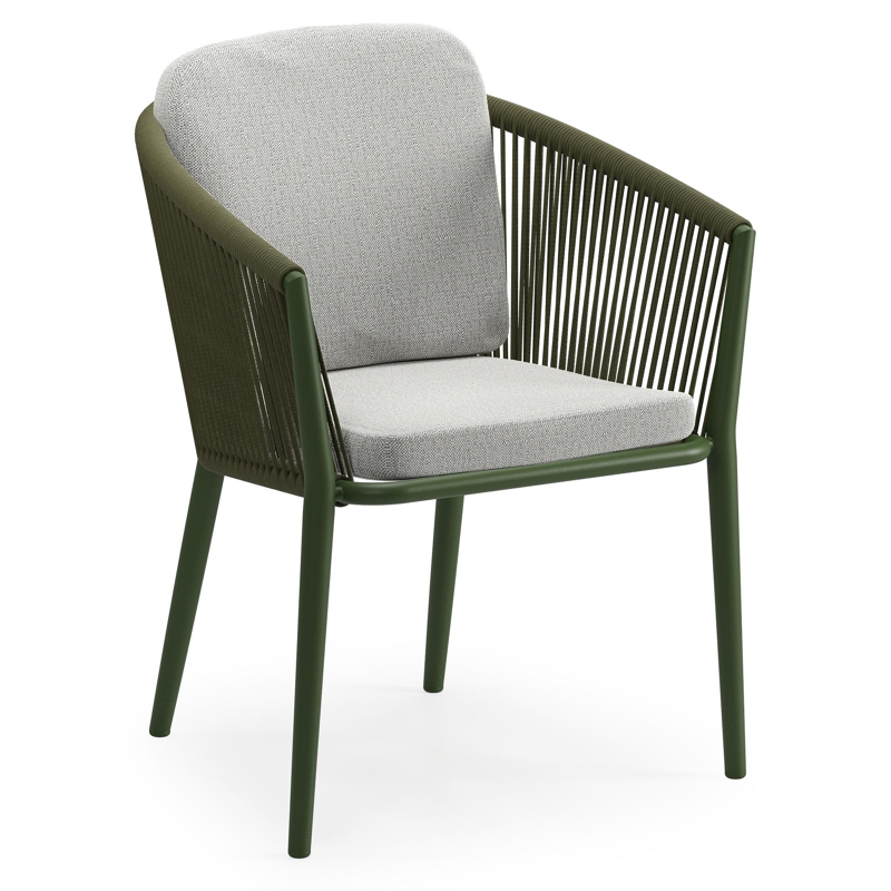 Orso tuinstoel in groen aluminium en groen verticaal geweven ronde rope met luxe zitkussen in All Weather Sunbrella® Luxe Savane Nimbus