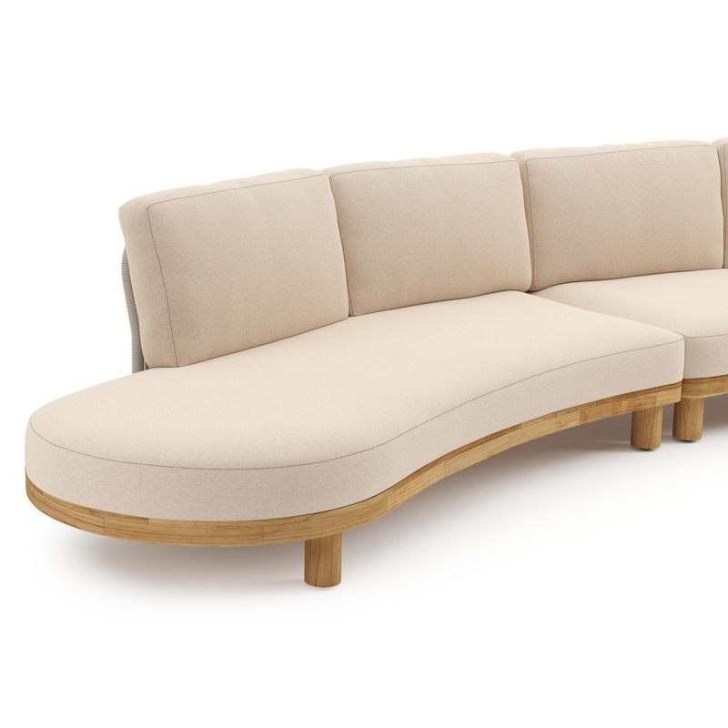 Donato loungehoek in teak en beige verticaal geweven ronde rope met all weather sunbrella® luxe Heritage Papyrus kussen