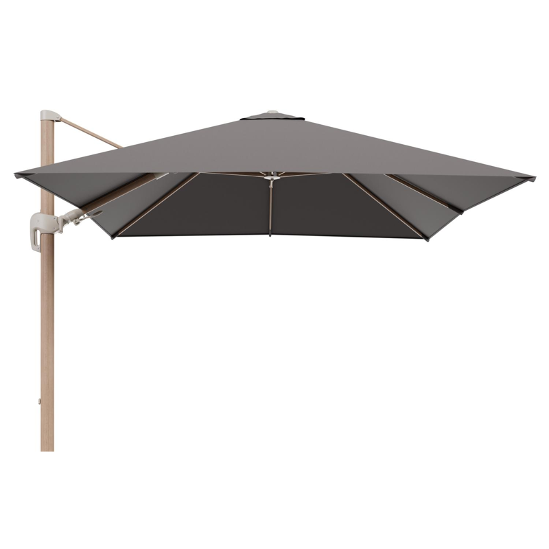 Rufina zweefparasol tiltfunctie in houtlook aluminium en parasoldoek in All Weather Sunbrella® Luxe Natte Nature Grey  - L1 300 x L2 300 cm (zonder voet)