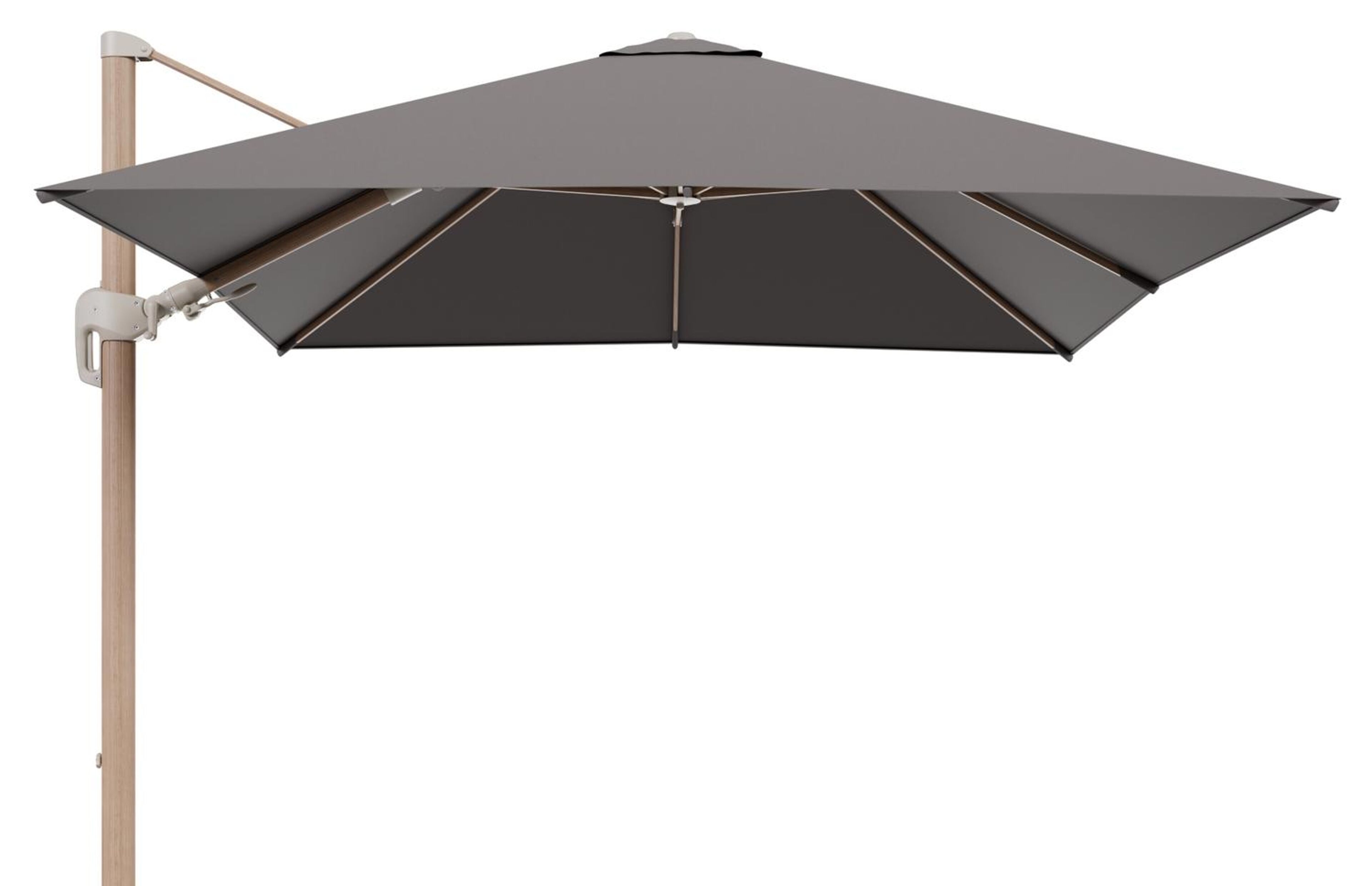 Rufina zweefparasol tiltfunctie in houtlook aluminium en parasoldoek in All Weather Sunbrella® Luxe Natte Nature Grey  - L1 300 x L2 300 cm (zonder voet)