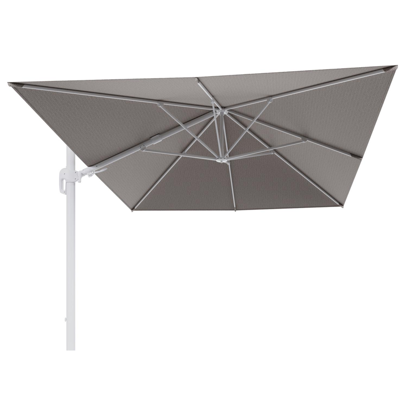 Parasol pendant Rufina avec fonction tilt en aluminium blanc et toile de parasol en All Weather Sunbrella® Luxe Wander Granite  - Lg.1 400 x Lg.2 300 cm (sans pied de parasol
