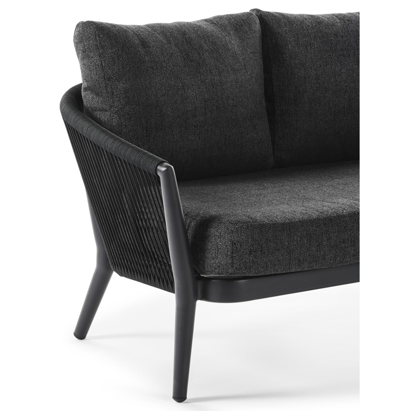 Orso loungebank 2-zit in zwart aluminium en zwart verticaal geweven ronde rope met chartres sooty all weather sunbrella® luxe kussen